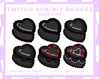 Sub/bit badges - Vintage Black heart-shaped cake/bakery - Twitch/Youtube/Tiktok/Discord/Stream/Goth