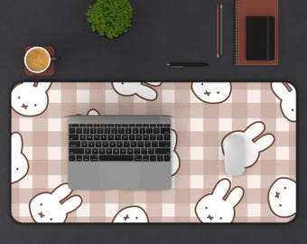 Miffy Bunny Desk Mat | Brown Gingham, Cozy Workspace