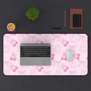 Pink Coquette Miffy-Inspired Bunny & Cherry Desk Mat - Large Mousepad/Gaming Desk Mat/Office Decor/Cute Gift/Gaming Mousepad