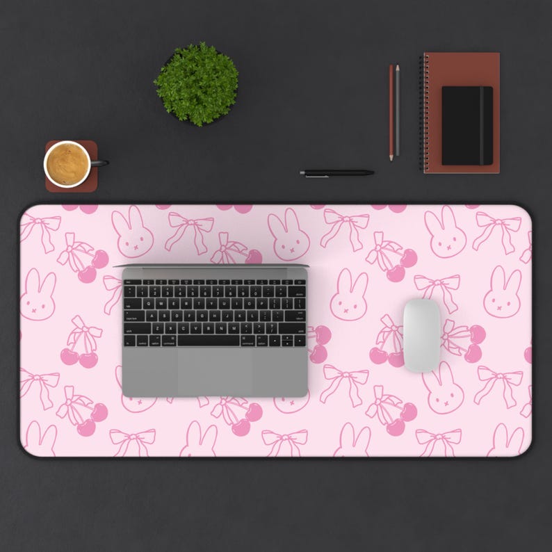 Pink Coquette Miffy-Inspired Bunny & Cherry Desk Mat - Large Mousepad/Gaming Desk Mat/Office Decor/Cute Gift/Gaming Mousepad