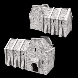 Op de afbeelding: Twee miniatuur stenen gebouwen met puntdaken en gewelfde deuropeningen. De structuren zijn gemaakt van lichtgrijze stenen blokken, met kleine rechthoekige ramen en decoratieve dakranden. De gebouwen staan tegen een zwarte achtergrond.