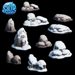 May include: A collection of stylized rock formations, some with snow, against a black background. The rocks vary in size and shape, with a mix of smooth and textured surfaces. The image includes the logo for "Rock Solid Adventures 2" in a blue and white circular design.