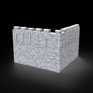 Può includere: Una sezione di muro d'angolo bianca realizzata con blocchi di pietra impilati. Il muro ha una superficie ruvida e testurizzata ed è progettato per essere utilizzato come modello o miniatura per un gioco da tavolo o un diorama.