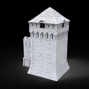 Può includere: Un modello di torre bianco con texture in pietra, con un tetto a due falde e più finestre. La torre presenta un design in muratura dettagliato e una base leggermente curva.