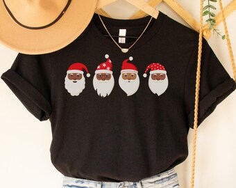 Black Santa Christmas T-Shirt - Unisex Holiday Graphic Tee, Row of Santa Faces, Inclusive Christmas Shirt Plus Size, Black Santa Claus Gift