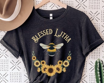 Blessed Litha Shirt - Summer Solstice Bee and Sunflower Watercolor Tshirt - Mid Summer Festival Tee for Green Witch