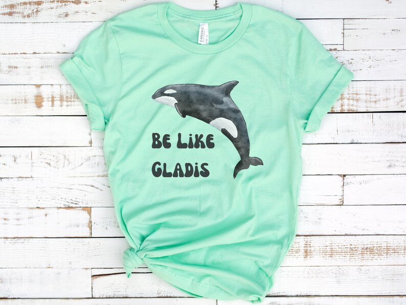 May include: A light green t-shirt with a black and white orca graphic and the text "Be Like Gladys".
