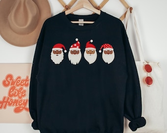 Black Santa Christmas Sweatshirt - Holiday Graphic Sweatshirt, Row of Santa Faces Shirt, Inclusive Christmas Sweater, Black Santa Claus Gift
