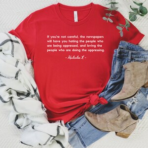 Malcolm X Shirt Oppressor Quote to Decolonize Mainstream Media, Free Palestine Shirt for Human Rights, No Human is Illegal on Stolen Land Red