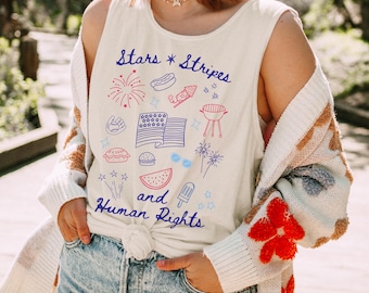 Comfort Colors Political 4th of July Tank - Stars Stripes & Human Rights Memorial Day Shirt, Cute Doodle Tank Top, Independence Day Top
