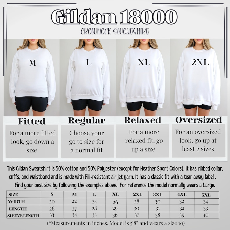 May include: White Gildan 18000 crewneck sweatshirt with size guide. The guide shows how the sweatshirt fits: fitted, regular, relaxed, and oversized. The size chart provides measurements in inches for sizes S to 5XL. The model is 5'8" and wears a size 10.