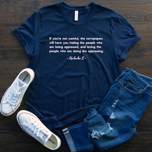 Malcolm X Shirt Oppressor Quote to Decolonize Mainstream Media, Free Palestine Shirt for Human Rights, No Human is Illegal on Stolen Land Navy