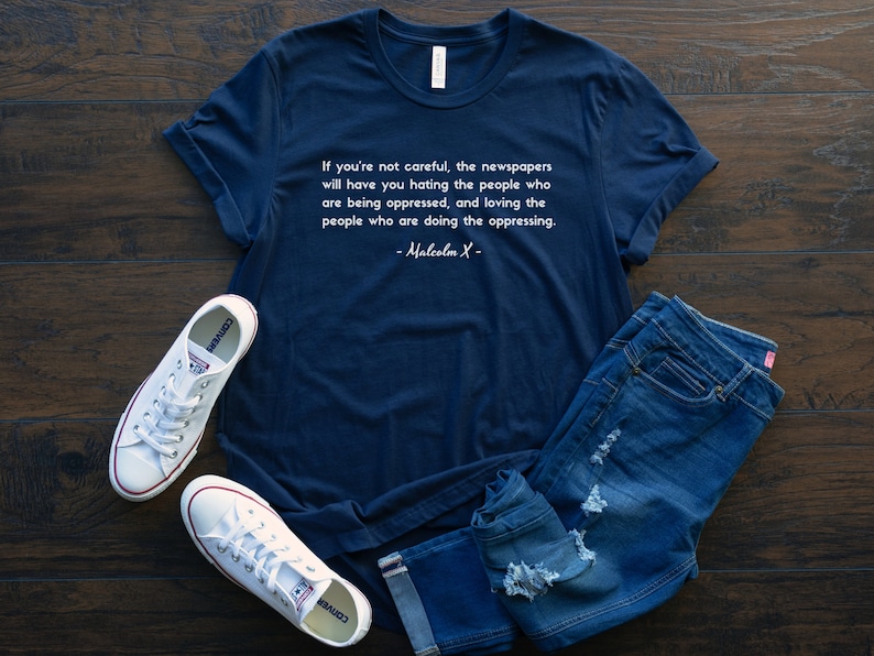 Malcolm X Shirt Oppressor Quote to Decolonize Mainstream Media, Free Palestine Shirt for Human Rights, No Human is Illegal on Stolen Land Navy