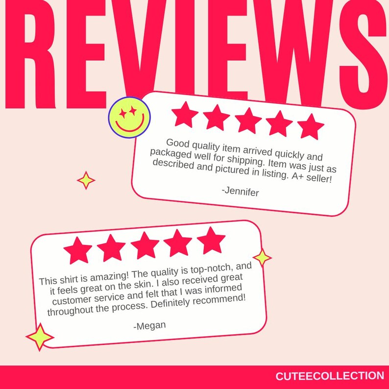 Puede incluir: Fondo rosa con la palabra &laquo;REVIEWS&raquo; en letras grandes y rosas brillantes. Dos burbujas de di&aacute;logo blancas muestran rese&ntilde;as de clientes con calificaciones de cinco estrellas. El texto incluye comentarios positivos sobre la calidad y el servicio al cliente.