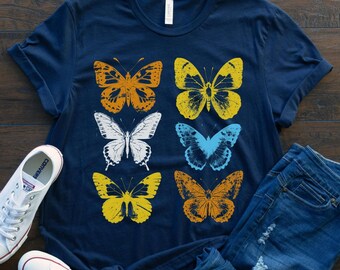 Aroace Butterfly Tshirt, Asexual Stamp Block Print Butterfly Shirt, LGBTQIA+ Subtle Pride T Shirt, Cool Queer Summer Pride Month, Aromantic