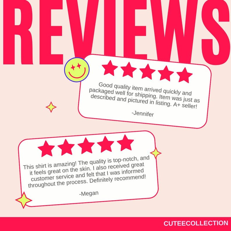 May include: Pink background with the word "REVIEWS" in large, bright pink letters. Two white speech bubbles display customer reviews with five-star ratings. The shop name "CUTEECOLLECTION" is at the bottom.