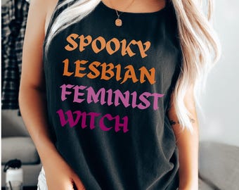 Comfort Colors Lesbian Halloween Tank - WLW Spooky Lesbian Feminist Witch Tank Top, Lesbian Pride Top, Queer Fall Tee, LGBTQ Sapphic Gift