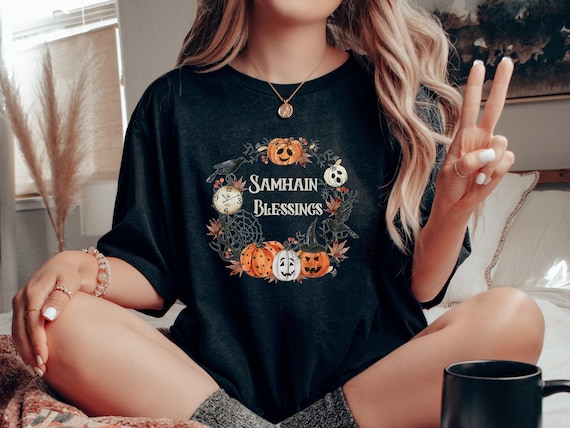 Samhain Blessings Tshirt for Harvest Festival, Samhain Shirt for Witchs New Year Wheel of the Year Pagan Sabbat, Gift for Hearth Witch
