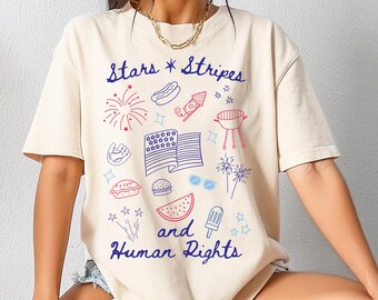 Comfort Colors Political 4th of July Shirt - Stars Stripes & Human Rights Memorial Day Shirt, Cute Doodle Oversized Tee, Independence Day