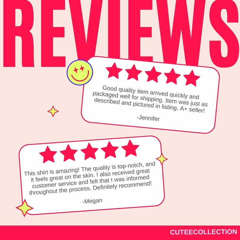 May include: Pink background with the word "REVIEWS" in large, bright pink letters. Two white speech bubbles display customer reviews with five-star ratings. One review mentions the item arrived quickly and was as described.