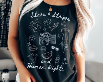 Comfort Colors Political 4th of July Tank - Stars Stripes & Human Rights Memorial Day Shirt, Cute Doodle Tank Top, Independence Day Top