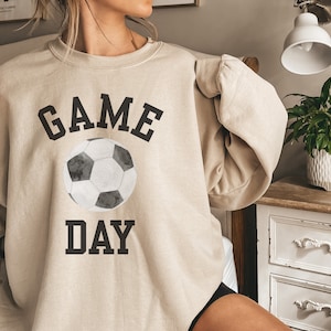Game Day Sweatshirt for Soccer Season, Simple Preppy College Style Futbol Watching Shirt Women for Soccer Mom Gift, Coach Wife Shirt Sand