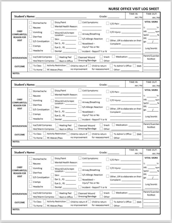 School Nurse / Health Office Visit Log Sheets — PDF Download | Documentation | Charting | School Health Office | Fast Chart | School Nursing