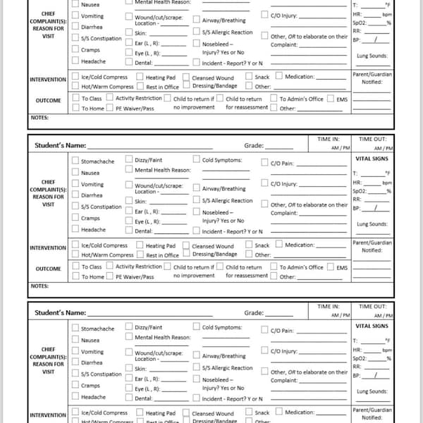School Nurse / Health Office Visit Log Sheets — PDF Download | Documentation | Charting | School Health Office | Fast Chart | School Nursing