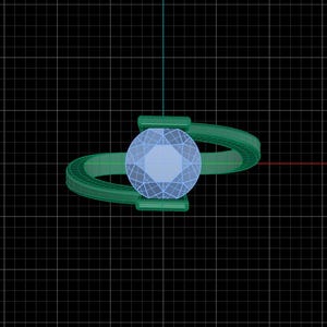以下が含まれることがあります： リングデザインの3Dレンダリング。リングは、渦巻く緑色のバンドにセットされた、大きくて丸い水色の宝石が特徴です。デザインは黒いグリッドの背景に対して表示されます。