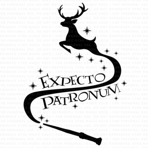 May include: Black and white illustration of a deer jumping over a wand with stars in the background. The wand is casting a spell with the words "Expecto Patronum" written in a curved banner.