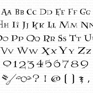 May include: A black and white alphabet font with uppercase letters, numbers, and symbols. The font is a serif font with a classic style.