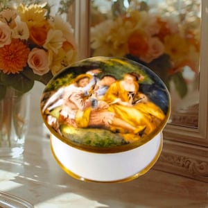 Caixa de bugigangas de porcelana fina de Staffordshire, Inglaterra, porta-comprimidos, dourado, arte estilo Fragonard, pequena caixa de anel de porcelana vintage, presente perfeito