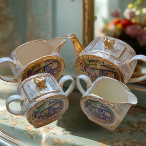 Zeldzame Sadler Barrel thee- en koffieset, Engels porselein uit de jaren 40, gouden afwerking