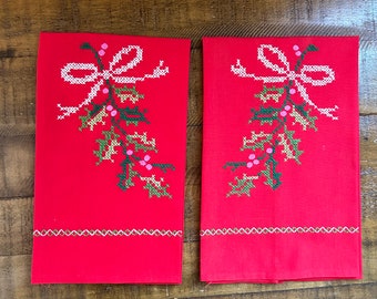 Vintage Red Christmas Cross-stitched Kitchen Tea Towel Set of 2