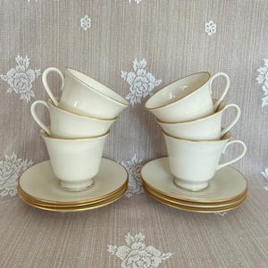 Lenox Hayworth Ivory with Gold Trim – Cup & Saucer Set of 6 – Fine China – Vintage Tea Cups and Saucers