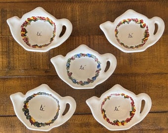 Vintage Porcelain Teapot Tea Bag Holders – Set of 5 Hand Painted Floral Trinket Dishes, Shabby Chic Kitchen Decor