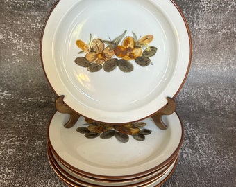 Set of 6 Vintage Ceramic Dessert / Salad Plate Brown Yellow Green Floral Plate