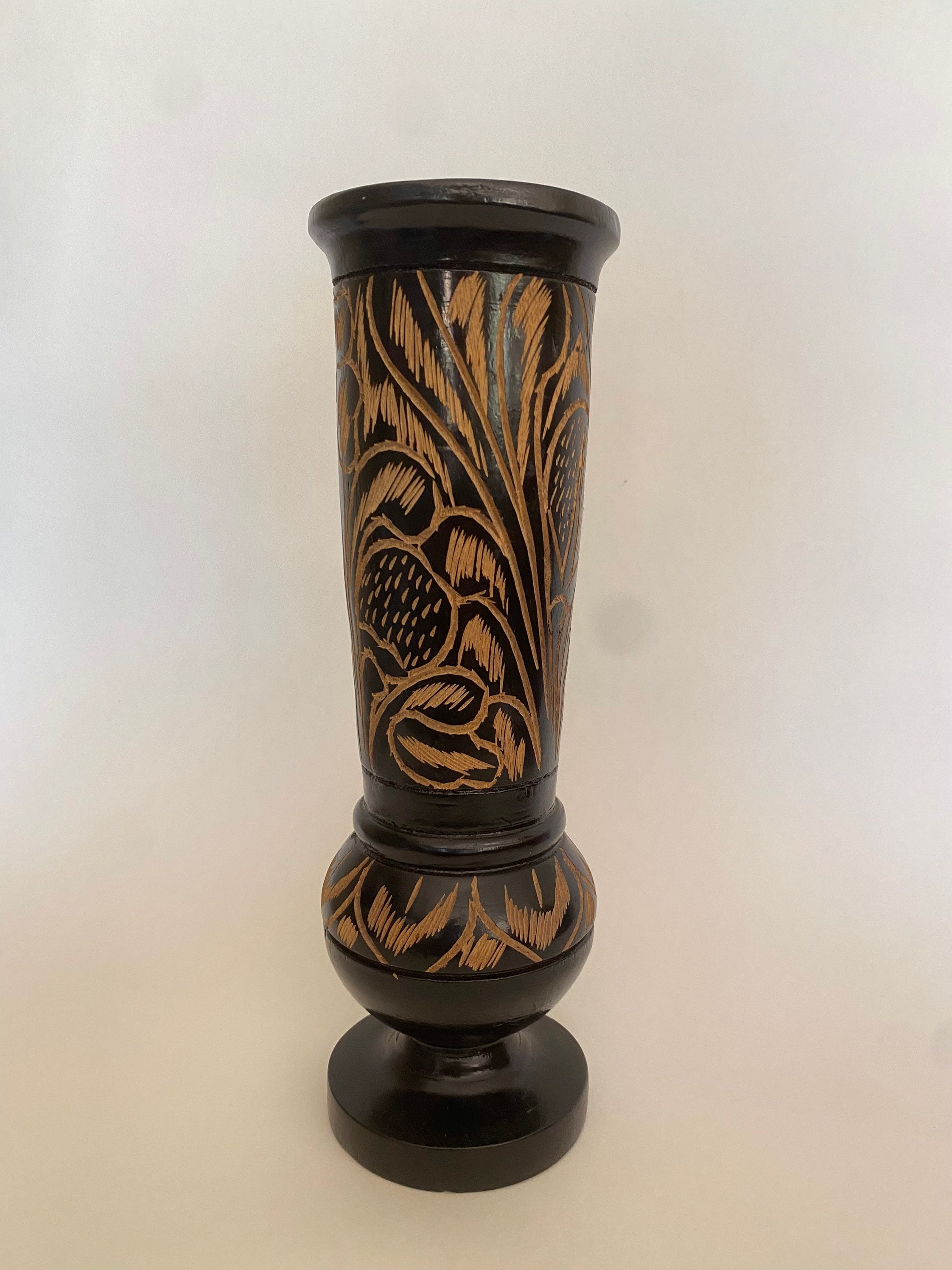 Vintage Hand Carved Etched Wooden  10” Tall Dark and Light Wood Vase