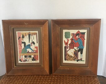 Antique Amish Colonial Farmer Framed Linen Folk Art Woven set of 2