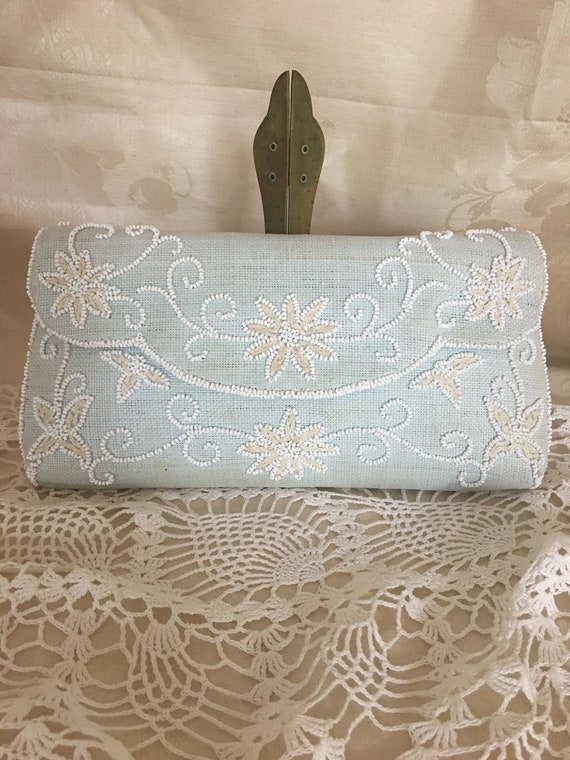 Vintage Beaded Clutch Ice Blue Handbag Made in Fr… - image 1