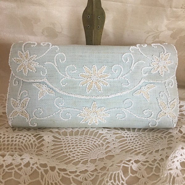 Vintage Beaded Clutch Ice Blue Handbag Made in France