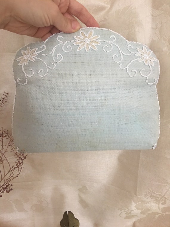Vintage Beaded Clutch Ice Blue Handbag Made in Fr… - image 7