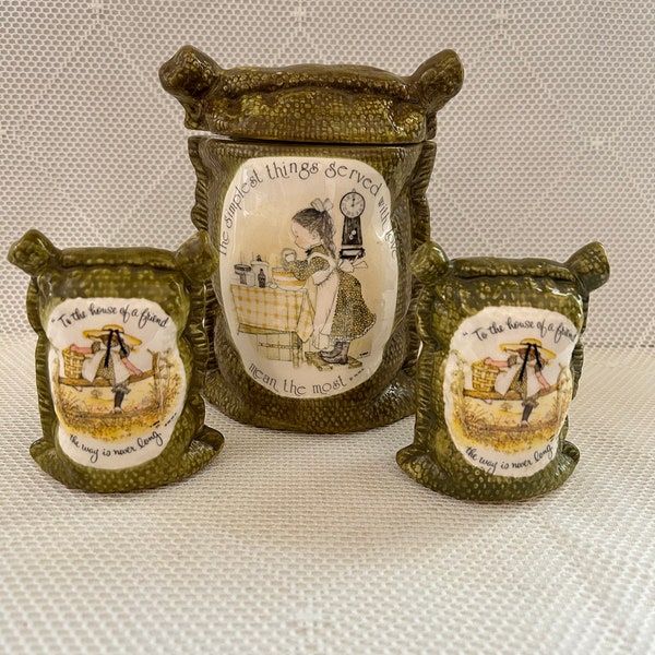 Vintage Holly Hobbie Ceramic Burlap Sack Canister , Salt and Pepper Shakers Set