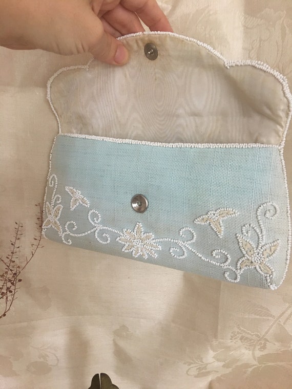 Vintage Beaded Clutch Ice Blue Handbag Made in Fr… - image 6