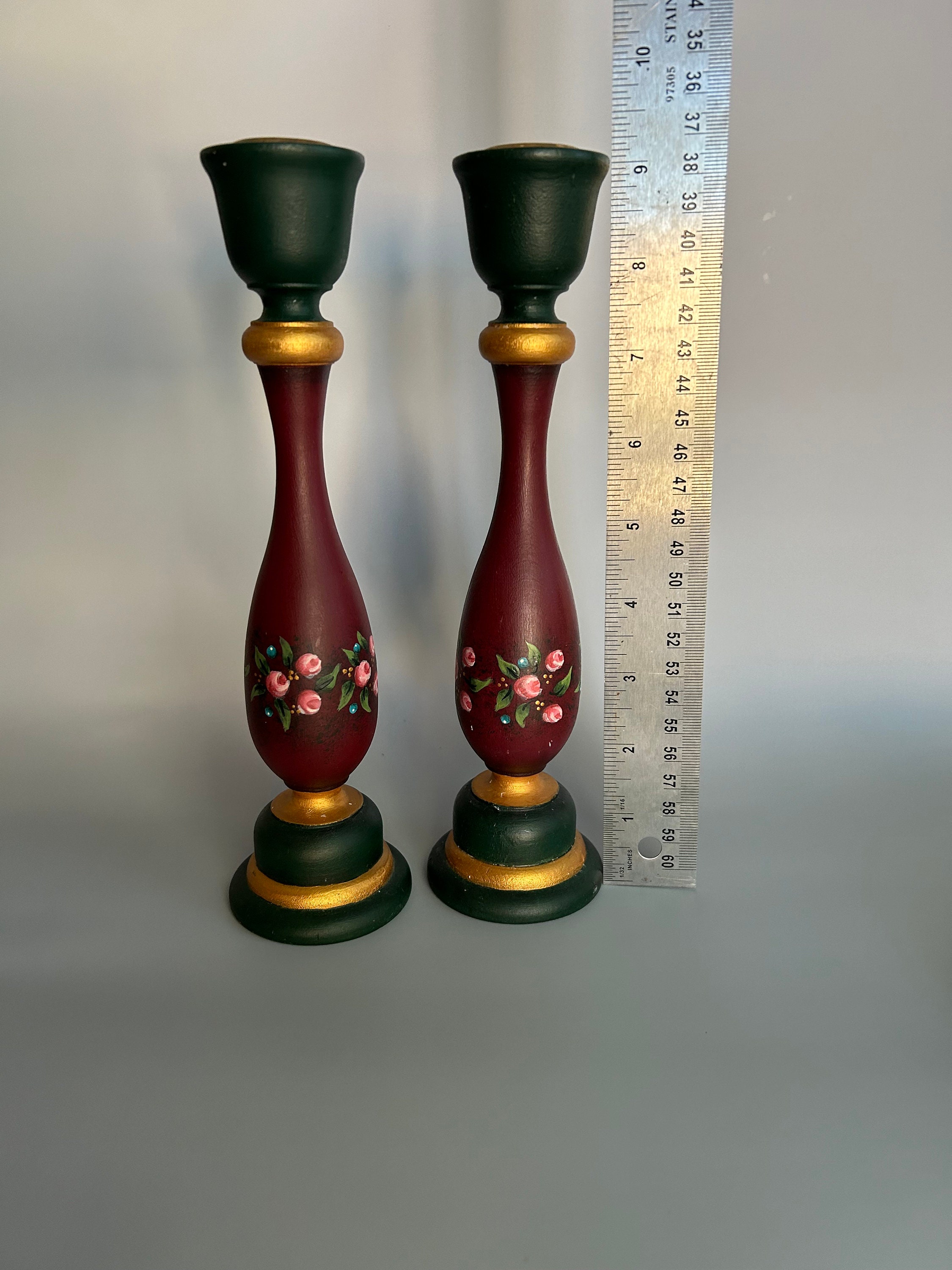 Vintage Hand Painted Wooden Candlestick Holders Set of 2 / Gold Green ...