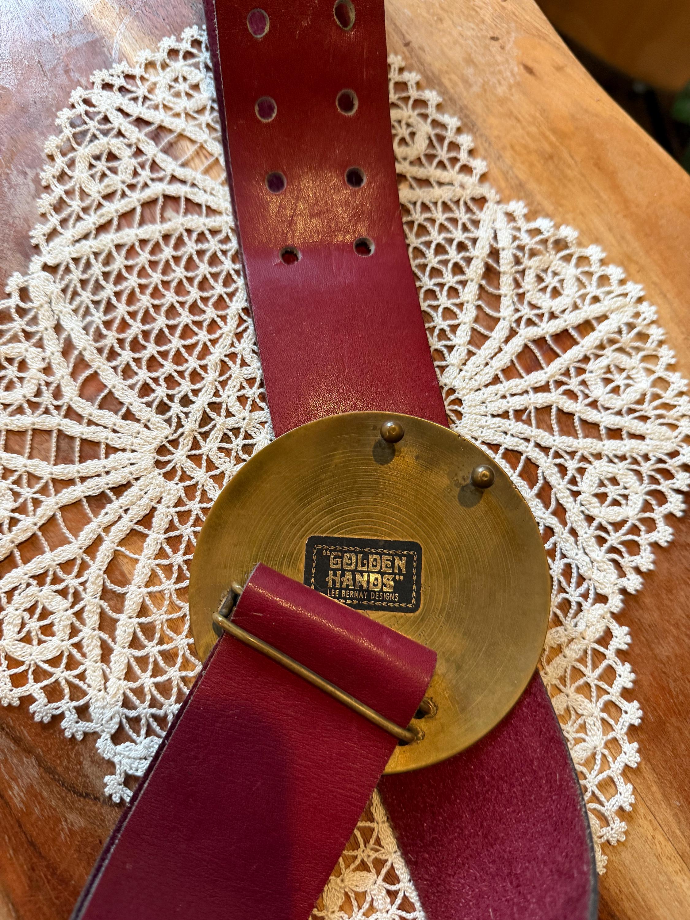Vintage 60s 70s Floral Brass Enamel Medallion Buckle Belt 
