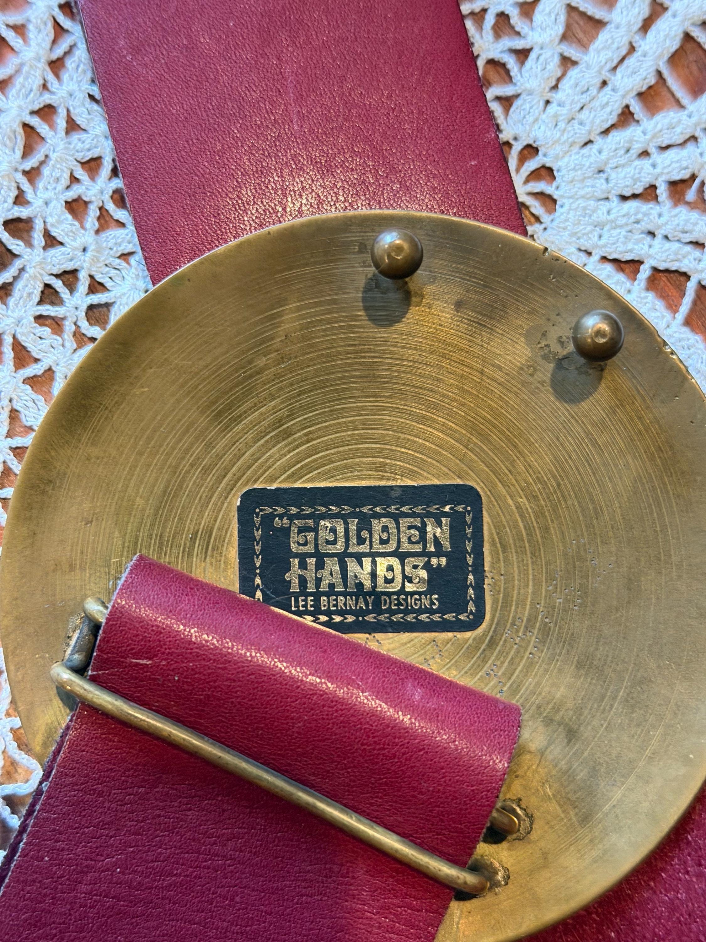 Golden Hands Lee Bernay Vintage Belt Brass Enamel Buckle Suede Belt Boho Hippie Vintage 60s 70s Floral Brass Enamel Medallion Buckle Belt  main image 2