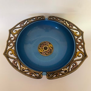 Vintage Blue Enamel Decorative Bowl / Hebrew Judaica Jerusalem Made in Israel Abada Mg