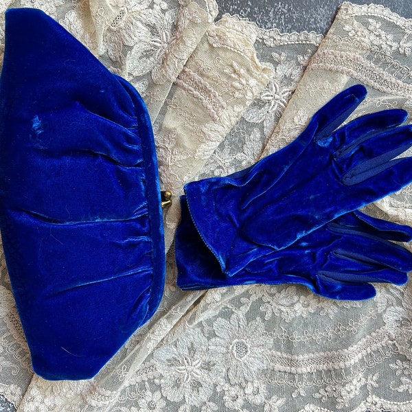 Vintage Blue Velvet Clutch and Gloves