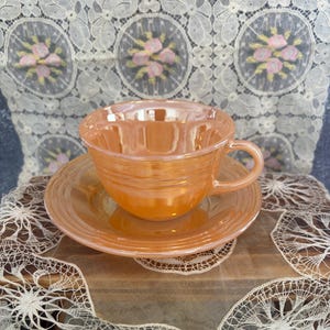 Vintage Fire King Peach Lustre Cup & Saucer – Anchor Hocking 1960s Milk Glass Set, Retro Mid Century Kitchenware